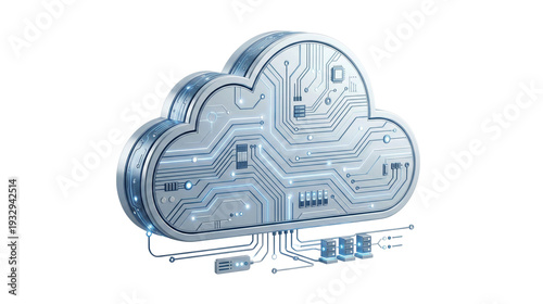 3D Illustration of a Silver Metallic Cloud Integrated with Circuit Board Patterns and Server Database Icons Below Representing Cloud Computing Data Storage and High Tech Networking