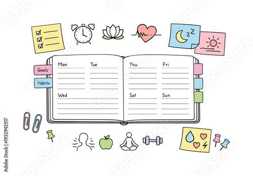 Open weekly planner spread, tabbed notebook pages, paper clips and sticky notes, small reminder icons for Stress management