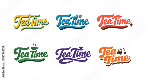 Modern flat holiday banner design highlighting modern lettering logo set for Tea Time, high-demand commercial lettering bundle