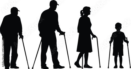 Black and White Silhouette of People Using Canes and Walking Sticks Accessibility Vector Illustration