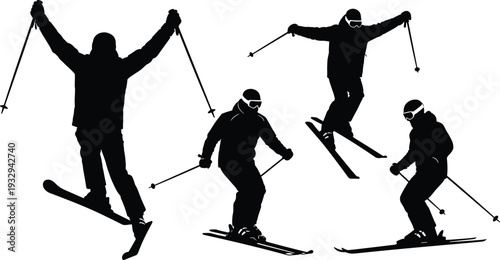 Skiing Silhouettes Set Isolated on White Background Representing Winter Sports Action Extreme Professional Skiers Jumping Racing and Downhill Mountain Athletes,