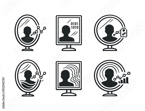 Line vector icons of a mirror showing reflection based on sold data (profile-by-data): mirror shape, modified reflection, data