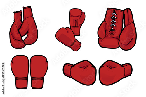 Colored vector illustration set of classic red boxing gloves in 5 specific poses: hanging, upright, flat lay, laced, and front punch. Highly detailed for boxing club branding and apparel print.