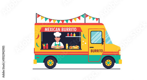 Modern vector illustration of Mexican burrito food truck serving street food at outdoor festival. Mobile fast casual restaurant concept with chef preparing wraps and happy customers in urban event sce
