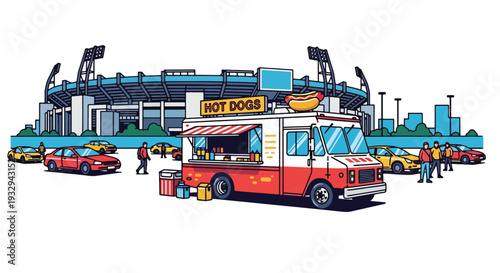 Modern vector illustration of hot dog food truck near sports stadium serving fans before game. Mobile fast food vendor concept with outdoor street dining and event crowd lifestyle scene