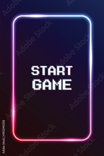 START GAME. Retro Futurism Sci-Fi Background. glowing neon grid and star from vintage arcade computer games