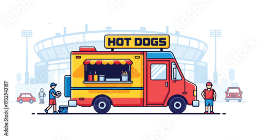 Modern vector illustration of hot dog food truck near sports stadium serving fans before game. Mobile fast food vendor concept with outdoor street dining and event crowd lifestyle scene
