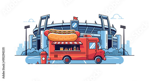 Modern vector illustration of hot dog food truck near sports stadium serving fans before game. Mobile fast food vendor concept with outdoor street dining and event crowd lifestyle scene