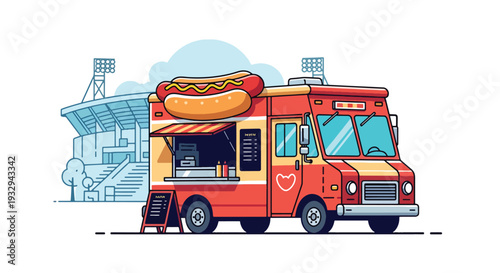 Modern vector illustration of hot dog food truck near sports stadium serving fans before game. Mobile fast food vendor concept with outdoor street dining and event crowd lifestyle scene
