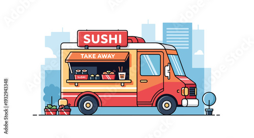 Modern vector illustration of sushi food truck serving takeaway sushi boxes in modern city street. Japanese mobile restaurant concept with chef preparing rolls and urban lunch crowd scene