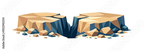 Low-poly vector illustration of an earthquake crack split future state, ground settled into two clearly divided faceted landforms