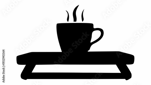 Steaming hot coffee cup on wooden tray, perfect for morning routine