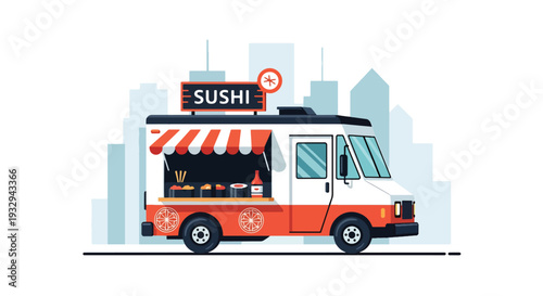 Modern vector illustration of sushi food truck serving takeaway sushi boxes in modern city street. Japanese mobile restaurant concept with chef preparing rolls and urban lunch crowd scene