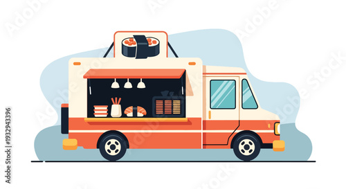 Modern vector illustration of sushi food truck serving takeaway sushi boxes in modern city street. Japanese mobile restaurant concept with chef preparing rolls and urban lunch crowd scene