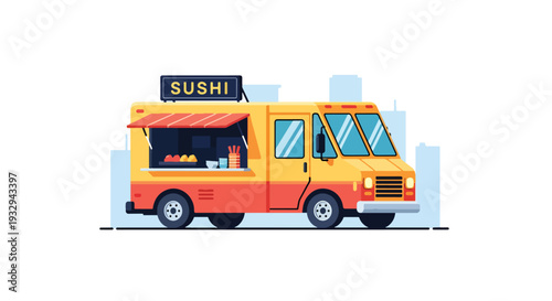 Modern vector illustration of sushi food truck serving takeaway sushi boxes in modern city street. Japanese mobile restaurant concept with chef preparing rolls and urban lunch crowd scene