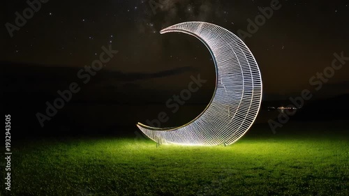 A glowing crescent moon sculpture, lit with lines, sits on grass under a starry night