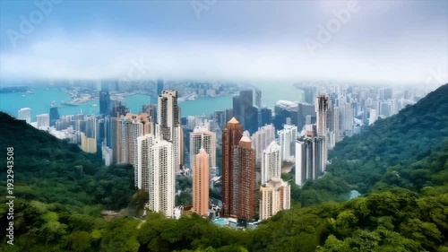 Elevated view of a cityscape dominated by skyscrapers, trees in foreground
