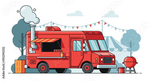 Modern vector illustration of barbecue grill food truck serving ribs and skewers at outdoor festival. Street food mobile restaurant concept with chef cooking and customers enjoying meals