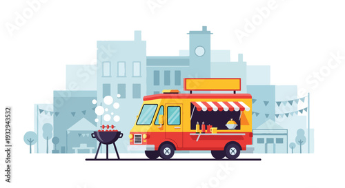 Modern vector illustration of barbecue grill food truck serving ribs and skewers at outdoor festival. Street food mobile restaurant concept with chef cooking and customers enjoying meals