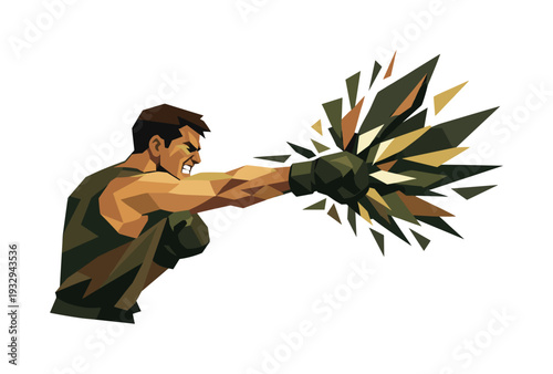 Low-poly vector illustration of a boxer encountering resistance mid-punch, clenched jaw and strained angular posture, fist