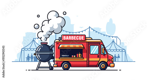 Modern vector illustration of barbecue grill food truck serving ribs and skewers at outdoor festival. Street food mobile restaurant concept with chef cooking and customers enjoying meals