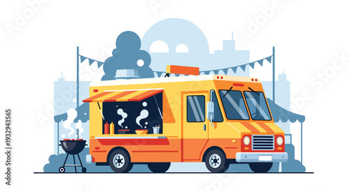 Modern vector illustration of barbecue grill food truck serving ribs and skewers at outdoor festival. Street food mobile restaurant concept with chef cooking and customers enjoying meals