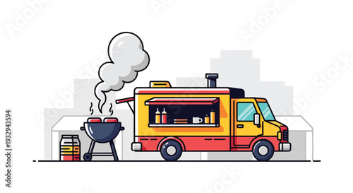 Modern vector illustration of barbecue grill food truck serving ribs and skewers at outdoor festival. Street food mobile restaurant concept with chef cooking and customers enjoying meals