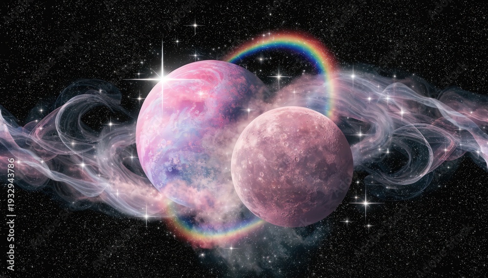 Fototapeta premium Vibrant pink planets with rainbow in starry space background