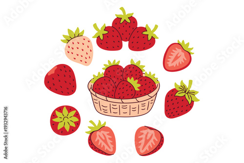 Set of red ripe strawberries whole and sliced for sticker packs organic food labels and summer garden fruit illustrations for kitchen decor and recipe blogs