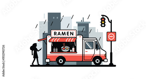 Modern vector illustration of ramen food truck serving hot noodle soup during rainy evening. Cozy mobile street restaurant concept with customers under umbrellas in urban nightlife scene