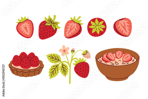 Organic strawberry collection with berries growing on bush cheesecake tart and healthy oatmeal porridge for breakfast cafe menus and cottagecore branding designs