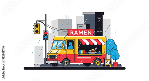 Modern vector illustration of ramen food truck serving hot noodle soup during rainy evening. Cozy mobile street restaurant concept with customers under umbrellas in urban nightlife scene