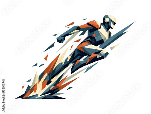 Low-poly vector illustration of an android accelerating into the leap, explosive upward motion with elongated angular limbs