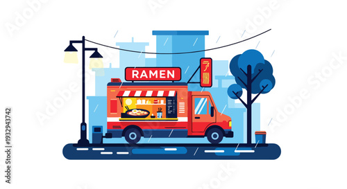 Modern vector illustration of ramen food truck serving hot noodle soup during rainy evening. Cozy mobile street restaurant concept with customers under umbrellas in urban nightlife scene