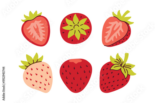 Six different strawberry varieties including red and white pineberries for specialty fruit market branding and unique berry sticker sets