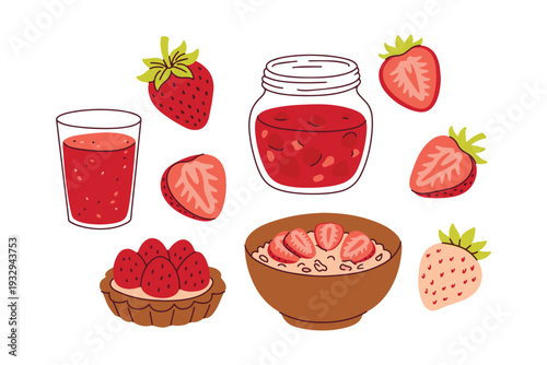 Collection of strawberry food products including jam jar juice glass berry cheesecake and oatmeal bowl for organic pantry branding and cafe stationery