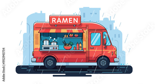 Modern vector illustration of ramen food truck serving hot noodle soup during rainy evening. Cozy mobile street restaurant concept with customers under umbrellas in urban nightlife scene