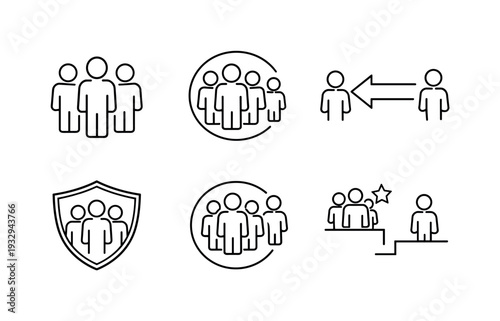 Line style vector icons of favoritism toward one’s group: team-icon motif, highlighted-group outline, outsider-figure symbol,