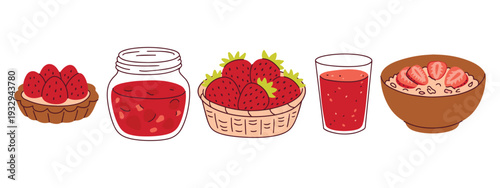 Horizontal row of strawberry food items including jam oatmeal basket and juice for kitchen shelf decor and recipe book page dividers