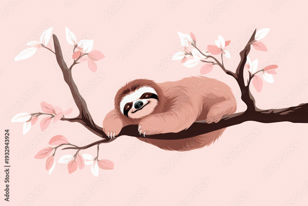 Obraz premium Adorable Sloth Illustration Resting Peacefully on a Tree Branch with Soft Pink Leaves and Flowers
