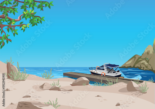 A small motorboat with an awning is moored at a wooden dock in a rocky lagoon. Summer vacation and travel. Hand-drawn vector illustration on a white background.
