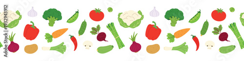 Colorful Vegetables on Border Pattern on White Background