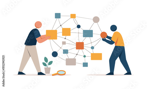 Two abstract geometric figures interconnect and organize multiple connected shapes into visible structured network emphasizing