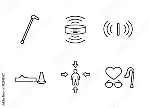 Line style vector icons of smart cane with LiDAR: cane-outline icon, LiDAR-sensor motif, vibration-wave symbol, obstacle-icon