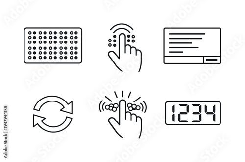 Line style vector icons of refreshable tactile display: Braille-cell grid motif, fingertip-touch icon, screen-text outline,