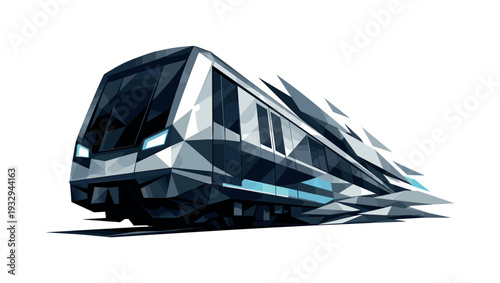 Low-poly vector illustration of a metro train preparing to surge into motion, angular front view with faceted geometry aligned