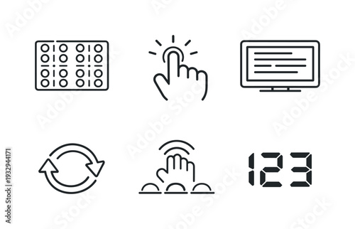 Line style vector icons of dynamic Braille tactile display: Braille-cell grid outline, fingertip-touch motif, screen-text icon,