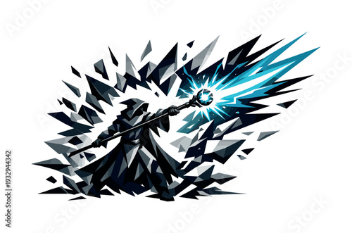 Low-poly vector illustration of a wizard breaking through with a devastating staff blast, staff fully extended as a bold angular