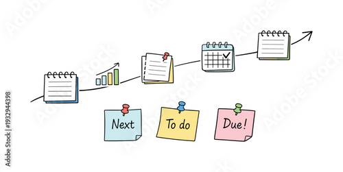 Milestone roadmap path, notebook strips as checkpoints, mini chart and calendar icons, pinned sticky notes for Library due date
