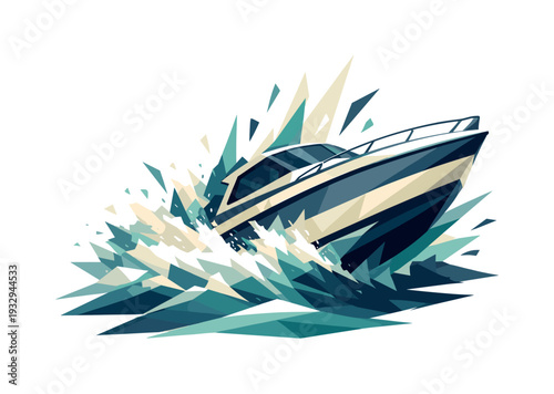Speeding Boat Vector. Low-poly vector illustration of a boat striking the wave at speed, dynamic diagonal composition with the